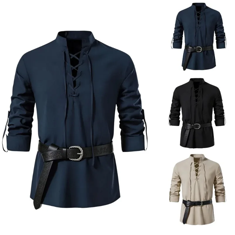 Medieval Gothic Lace Up Pirate Shirt - 男性用、中世風バイキングシャツ、スタンドカラー、レースアップ、長袖、コットンリネン素材、ヴィンテージゴシック、ルネサンス、海賊風、コスプレ、ハロウィントップス。