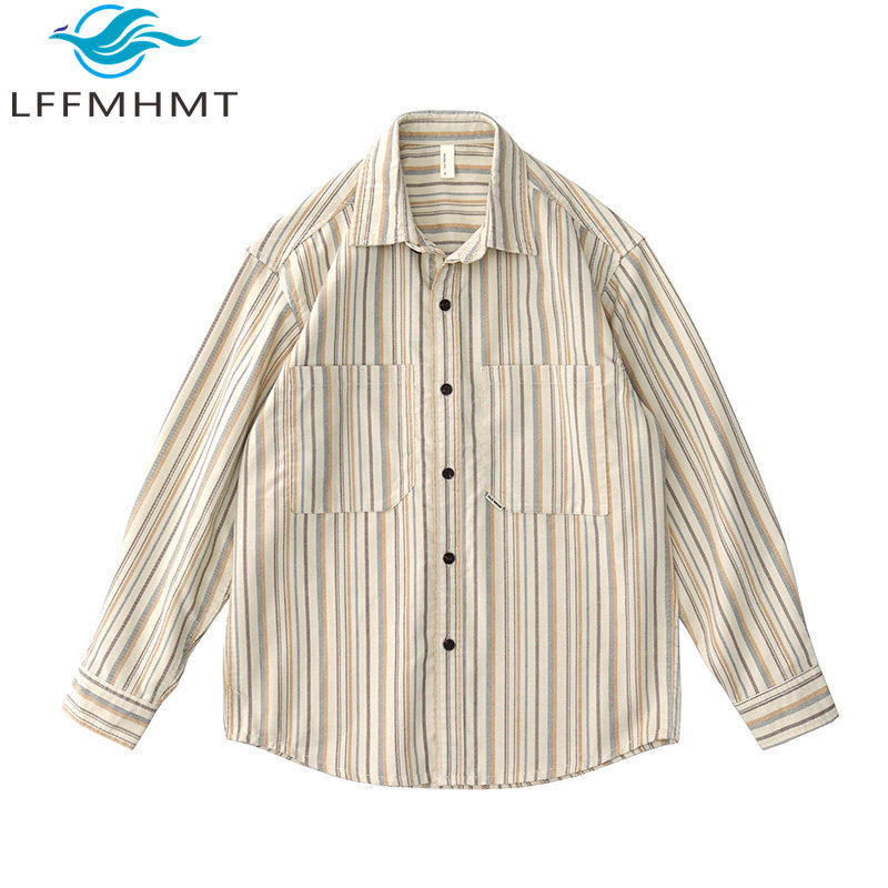 Corduroy Button Up Shirt Men - メンズ、日本のヴィンテージ風、芸術的なデザイン、カジュアル、ゆったりとしたシルエット、コーデュロイ素材、カラーブロック、ストライプ柄、長袖シャツ、ボタンダウン、重ね着に最適、秋の普段使いに。