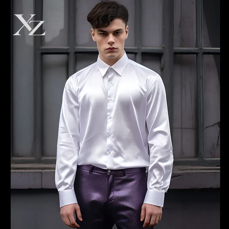 Mens Satin Silk Dress Shirt - メンズ サテンシルク風 光沢のある滑らかな素材のドレスシャツ 長袖 ポインテッドカラー ボタンダウン