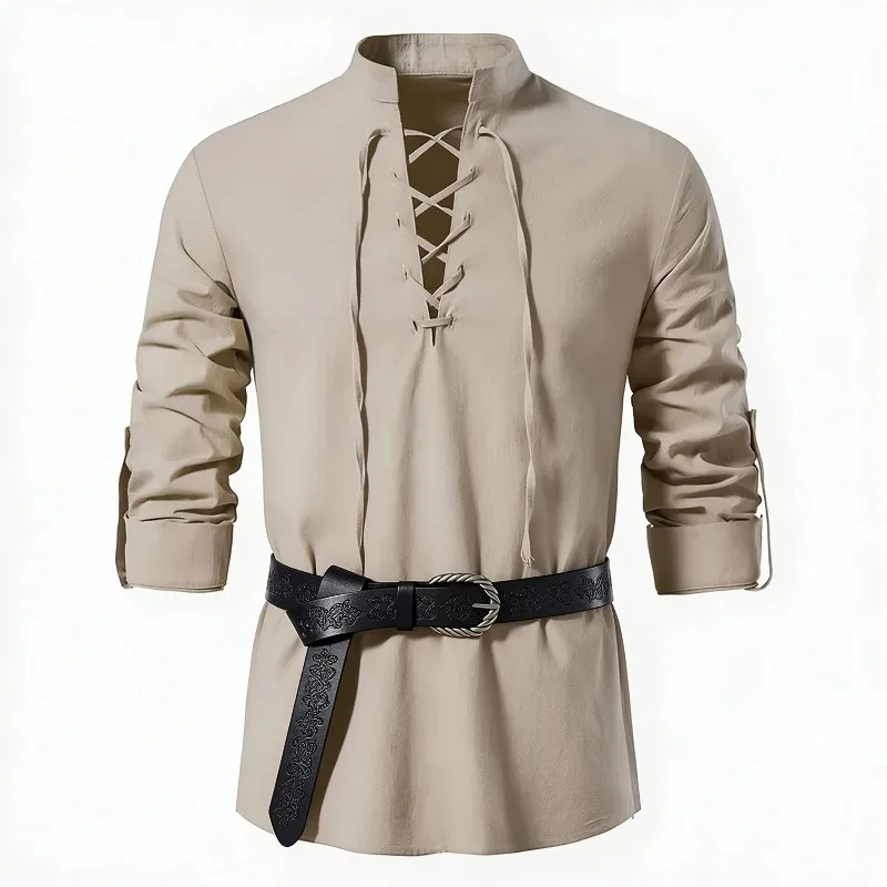 男性用、中世風バイキングシャツ、スタンドカラー、レースアップ - Medieval Gothic Lace Up Pirate Shirt のレビューと価格