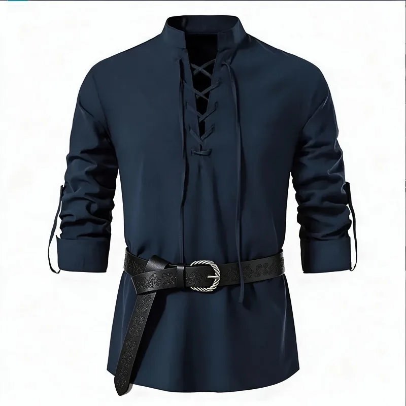 男性用、中世風バイキングシャツ、スタンドカラー、レースアップ - Medieval Gothic Lace Up Pirate Shirt のレビューと価格