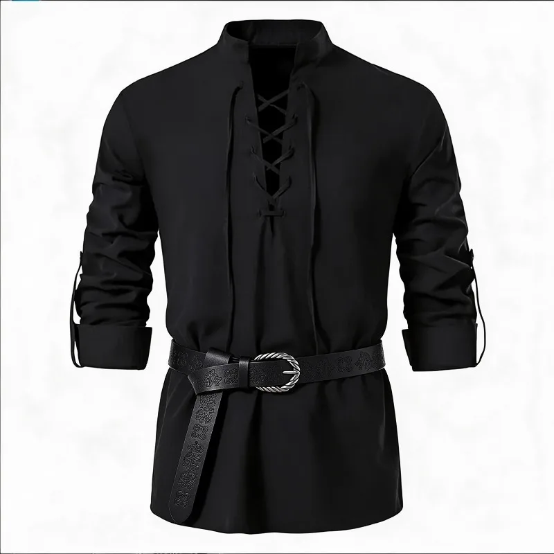 男性用、中世風バイキングシャツ、スタンドカラー、レースアップ - Medieval Gothic Lace Up Pirate Shirt のレビューと価格