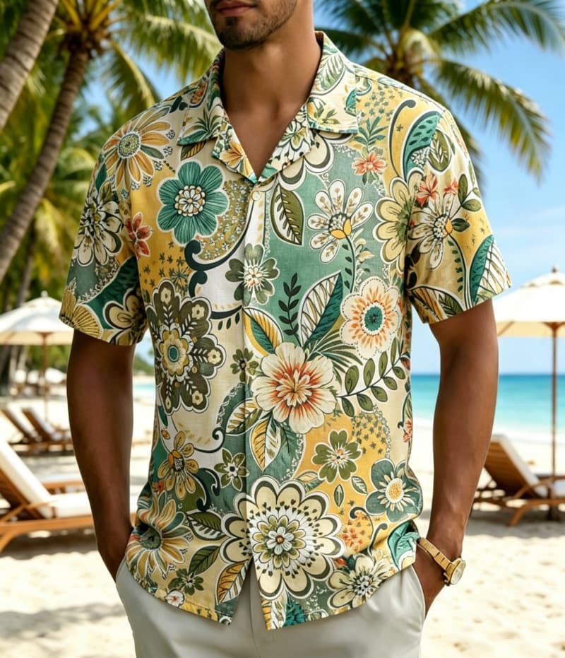 メンズヴィンテージボヘミアン風トロピカルフローラルプリントシ - Vintage Hawaiian Floral Shirt のレビューと価格