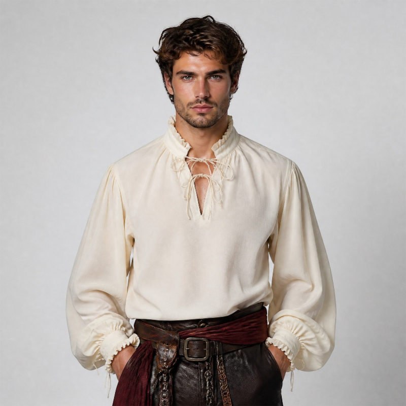 ルネサンス中世海賊シャツ（男女兼用）、ベージュのフリル付きス - Medieval Gothic Lace Up Pirate Shirt のレビューと価格