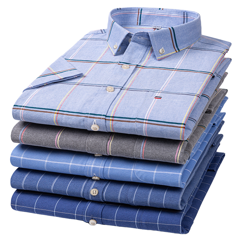 男性用のチェックとストライプのシャツ,半袖,ストライプ,丈夫 - Oxford Cotton Casual Shirt Business のレビューと価格