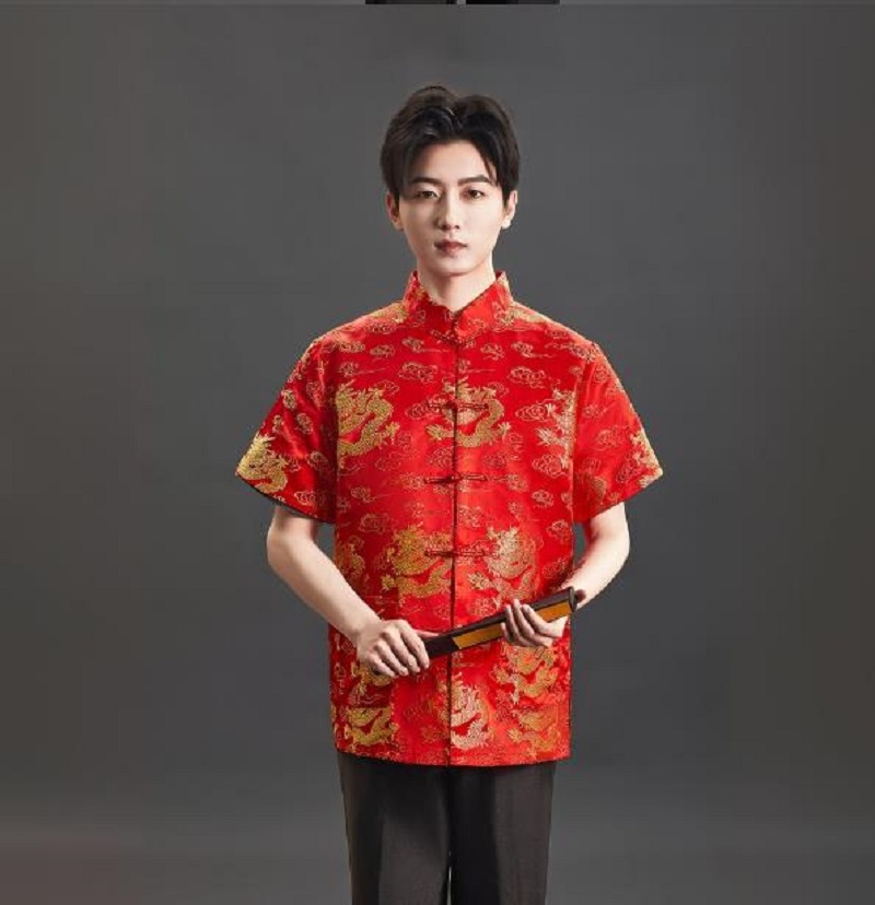 新作中国風刺繍サテンTシャツ、メンズ半袖ジャケット、誕生日パ - Mens Satin Silk Dress Shirt のレビューと価格