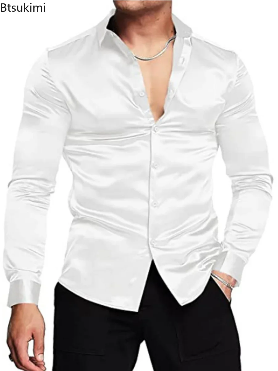 新しい 2026 メンズ豪華な光沢のあるシルクサテンドレスシ - Mens Satin Silk Dress Shirt のレビューと価格
