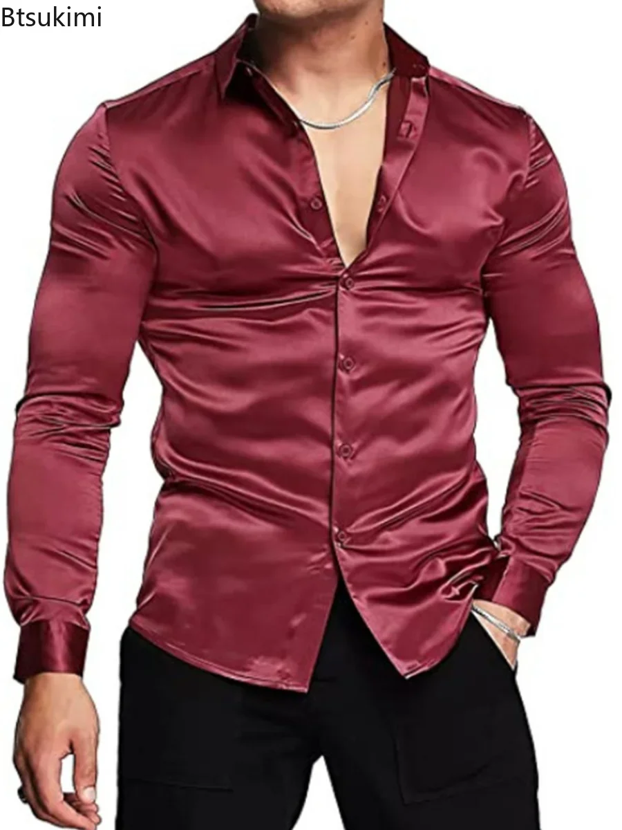 新しい 2026 メンズ豪華な光沢のあるシルクサテンドレスシ - Mens Satin Silk Dress Shirt のレビューと価格