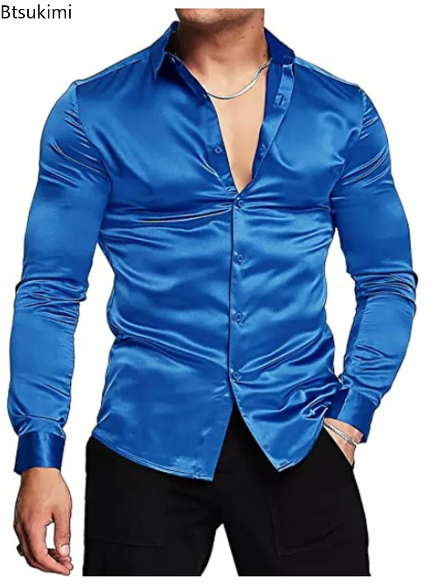 新しい 2026 メンズ豪華な光沢のあるシルクサテンドレスシ - Mens Satin Silk Dress Shirt のレビューと価格
