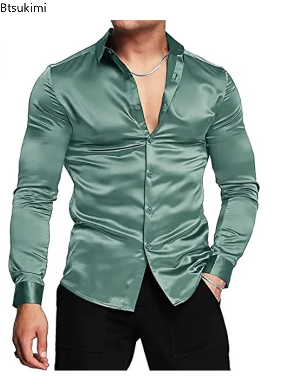 新しい 2026 メンズ豪華な光沢のあるシルクサテンドレスシ - Mens Satin Silk Dress Shirt のレビューと価格